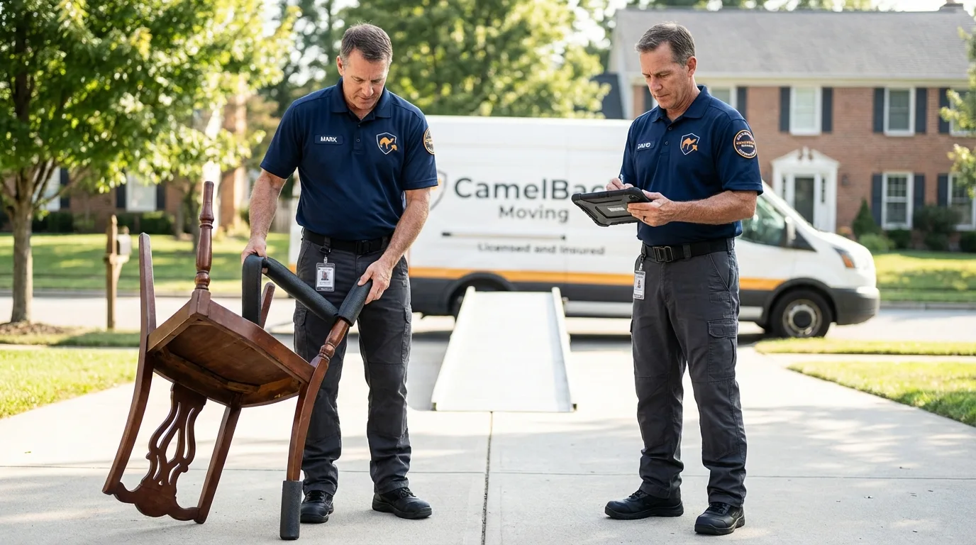 Movers inspecting furniture for damage prevention before loading in New Madrid, MO