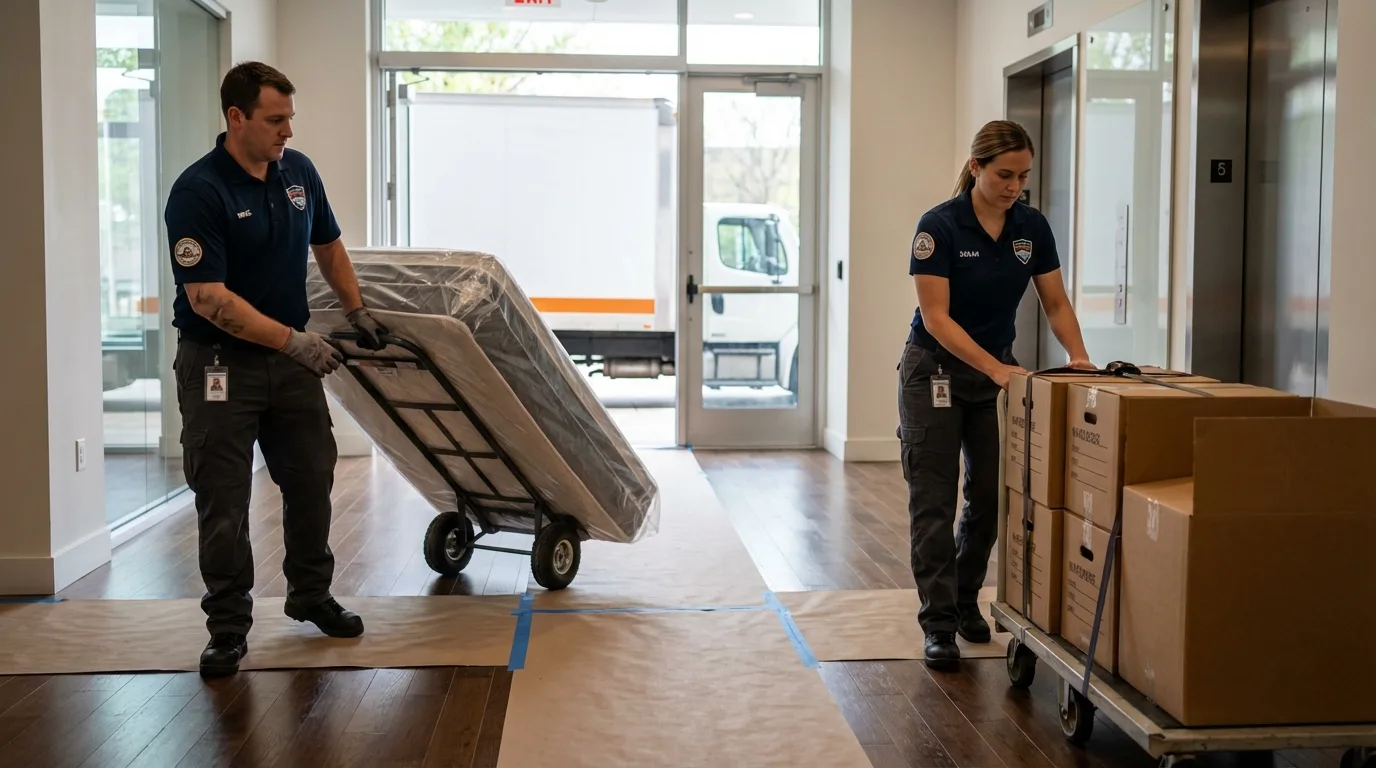 Professional apartment movers loading elevator in New Madrid, MO